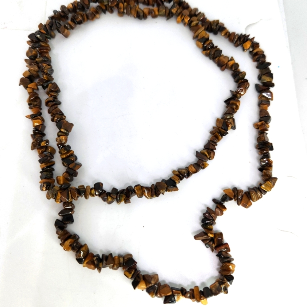 Vintage Tigers Eye Gemstone Chip Beaded Single Strand Necklace Long Length 34”